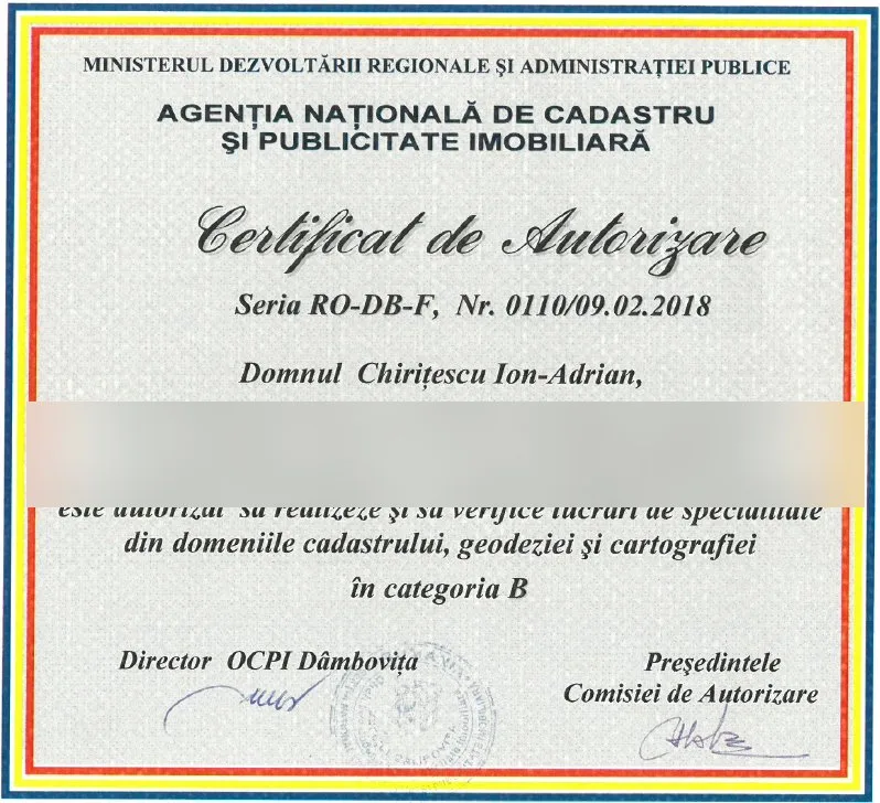 Certificat de autorizare ANCPI seria RO-DB-F nr. 0110 din 09.02.2018, categoria B
