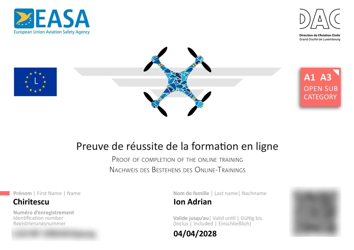 Certificat EASA pilot de dronă, subcategoriile A1 și A3, valabil până la 04.04.2028