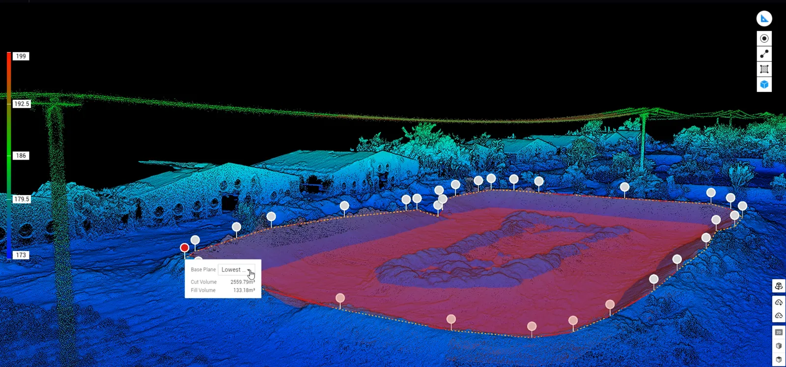 Nor de puncte LiDAR colorat după altitudine, cu calcul de volum de săpătură