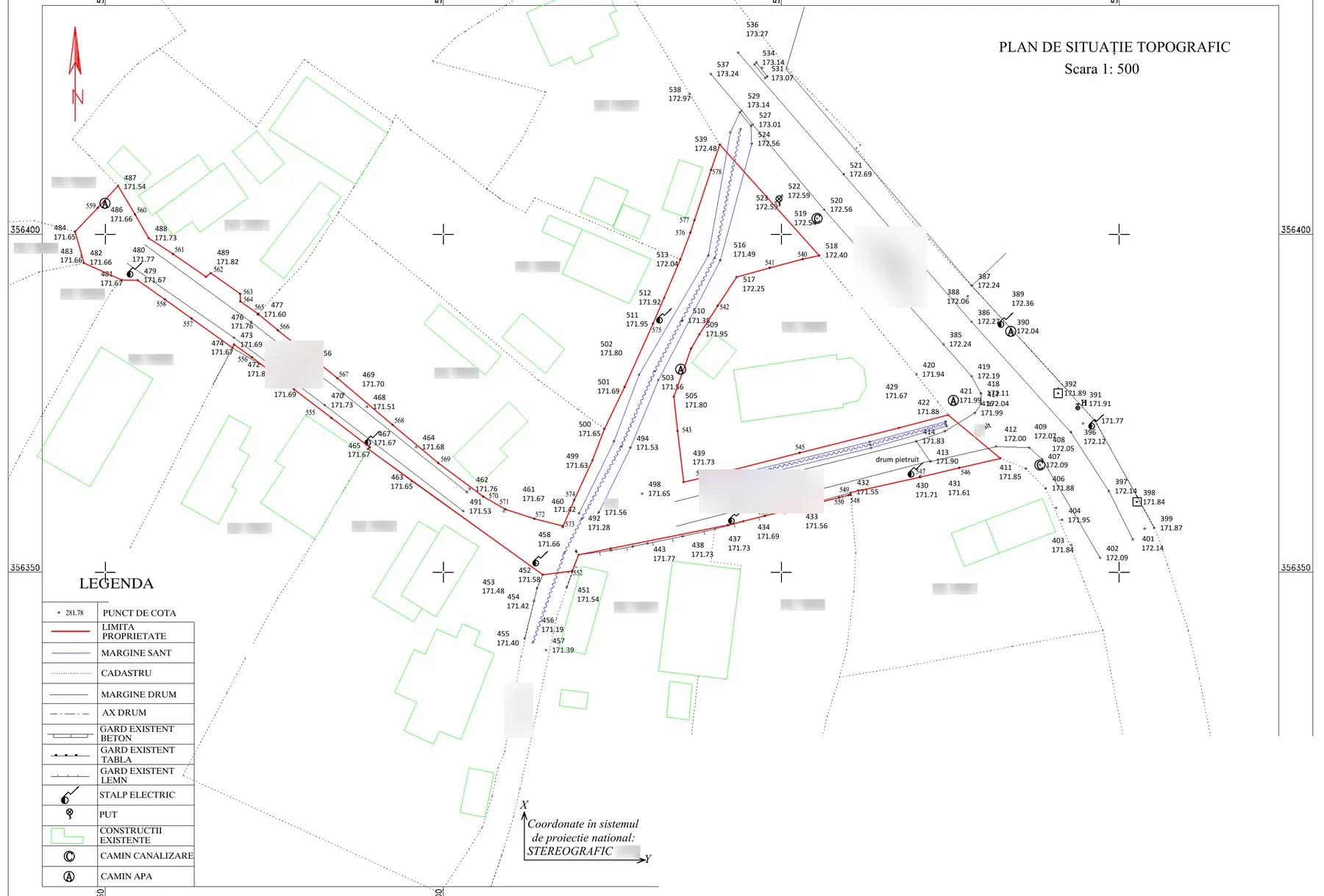 Plan de situație topografic la scara 1:500 pentru asfaltarea unor drumuri locale