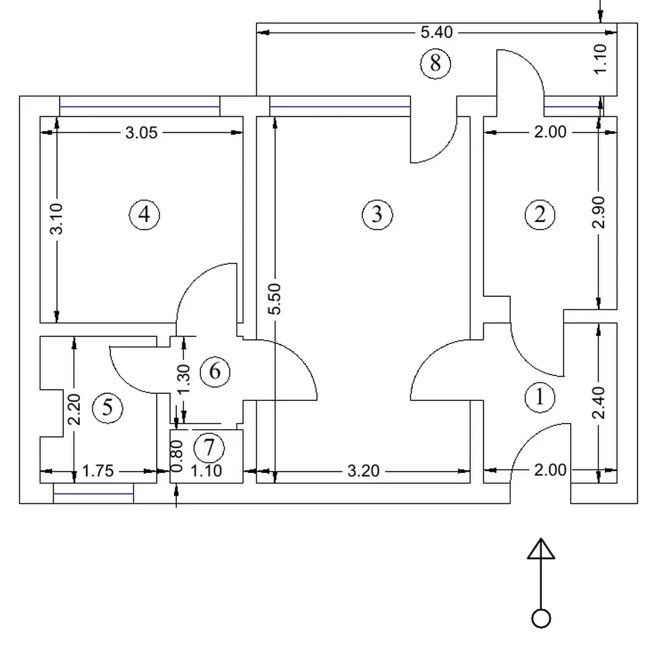 Releveu de apartament cu două camere, cu cotele încăperilor