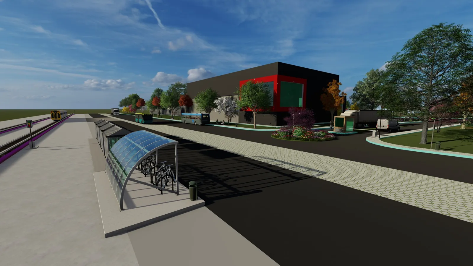 Vizualizare 3D a unui proiect de investiție cu drum, stație de transport și clădire